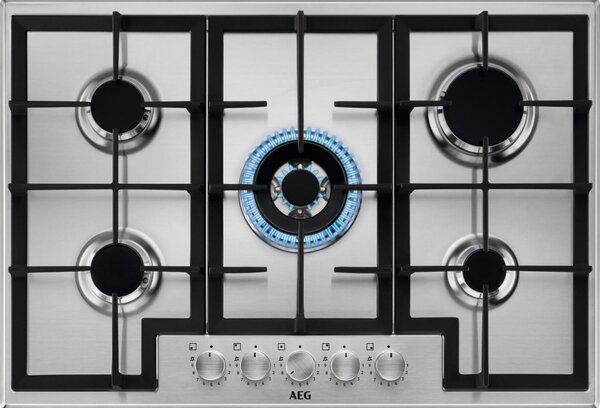 Aeg Piano Cottura 5 Fuochi a Gas Larghezza 75 cm (1 Bruciatore Wok) in Acciaio Inox colore Inox - HGB75420SM Serie 6000 Slim Line