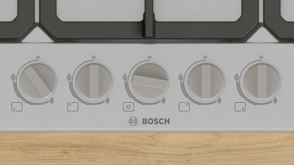 Bosch Piano Cottura 5 Fuochi a Gas Larghezza 75 cm (1 Bruciatore Wok) in Acciaio Inox colore Inox - PGQ7B5K90 Serie 4