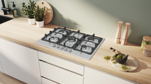 Bosch Piano Cottura 5 Fuochi a Gas Larghezza 75 cm (1 Bruciatore Wok) in Acciaio Inox colore Inox - PGQ7B5K90 Serie 4