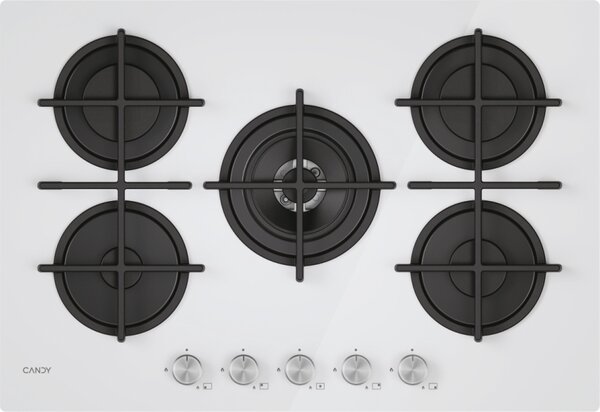 Candy Piano Cottura 5 Fuochi a Gas Larghezza 75 cm (1 Bruciatore Wok) in Vetroceramica colore Bianco - CVG74WTW Moderna