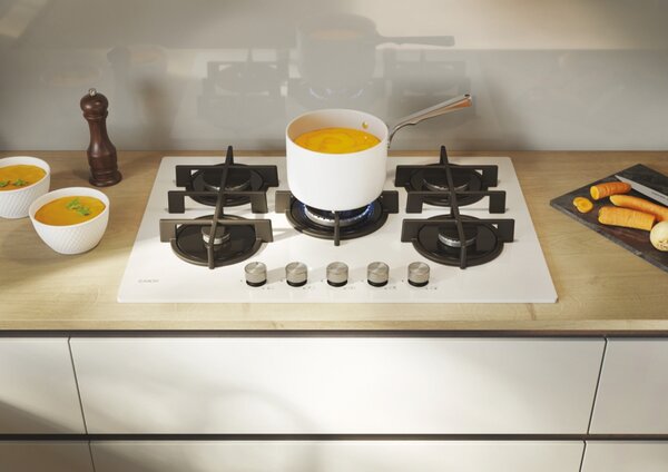 Candy Piano Cottura 5 Fuochi a Gas Larghezza 75 cm (1 Bruciatore Wok) in Vetroceramica colore Bianco - CVG74WTW Moderna