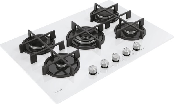 Candy Piano Cottura 5 Fuochi a Gas Larghezza 75 cm (1 Bruciatore Wok) in Vetroceramica colore Bianco - CVG74WTW Moderna