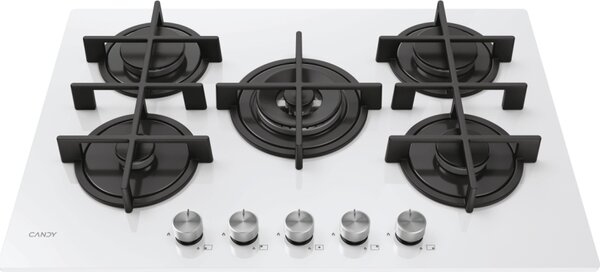 Candy Piano Cottura 5 Fuochi a Gas Larghezza 75 cm (1 Bruciatore Wok) in Vetroceramica colore Bianco - CVG74WTW Moderna