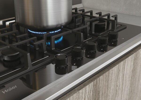 Haier Piano Cottura 5 Fuochi a Gas Larghezza 75 cm in Vetro Temperato colore Nero - HAVG75S2BPB Series 2