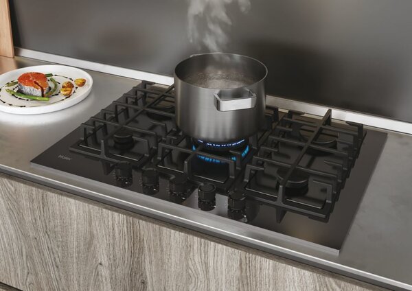 Haier Piano Cottura 5 Fuochi a Gas Larghezza 75 cm in Vetro Temperato colore Nero - HAVG75S2BPB Series 2