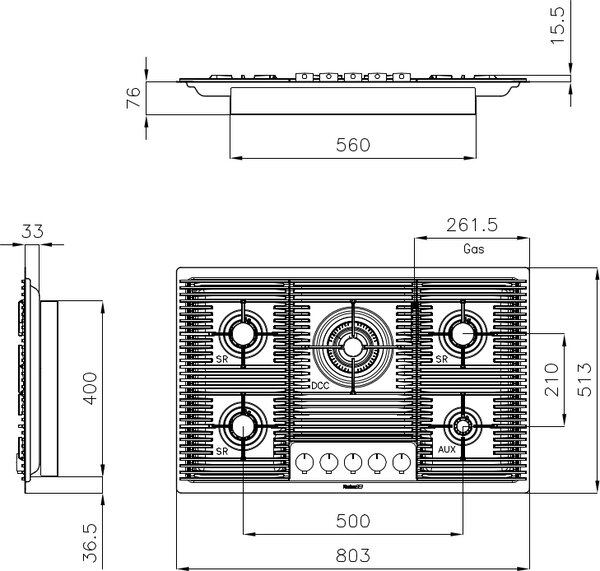 FOSTER Piano Cottura 5 Fuochi a Gas Larghezza 80 cm Piano Inox Spazzolato - 7682 000 Milanello