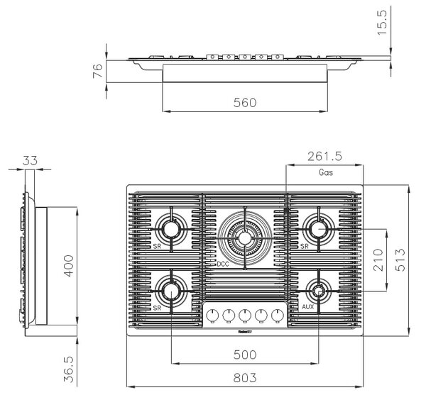 FOSTER Piano Cottura 5 Fuochi a Gas Larghezza 80 cm Piano Inox colore Canna di Fucile - 7682 006 Milanello Gun Metal