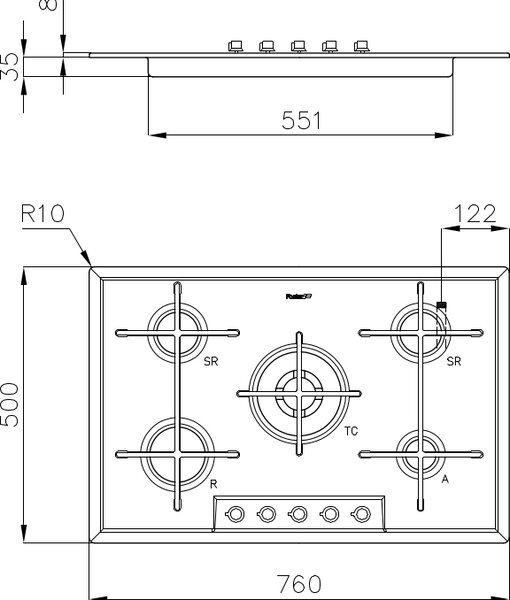 FOSTER Piano Cottura 5 Fuochi a Gas Larghezza 76 cm Piano Inox Spazzolato - 7067 062 Veronika