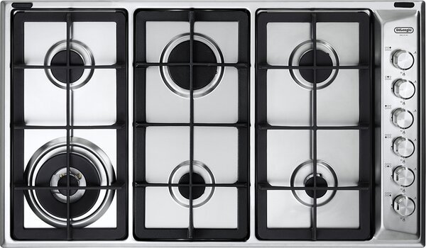De Longhi Piano Cottura 6 Fuochi a Gas da Incasso 90 cm Griglie in Ghisa colore Acciaio Inox - PLI 69 GHD Linea Professional