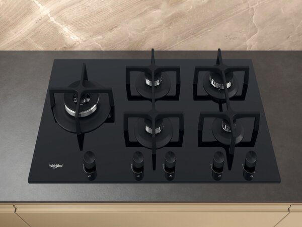 Whirlpool Piano Cottura 5 Fuochi a Gas Larghezza 90 cm Griglie in ghisa / Double zone con Piano in Vetro colore Nero - GOA 9523/NB1