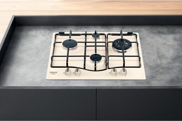 Hotpoint Ariston Piano Cottura a Gas 4 Fuochi 59 cm (1 Bruciatore Wok) Smaltato colore Beige - 7HPCN 640T (OW) R/HA