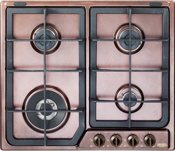 De Longhi Piano Cottura a Gas 4 Fuochi 60 cm con manopole ottone e piano colore Rame - ROF 46 PRO