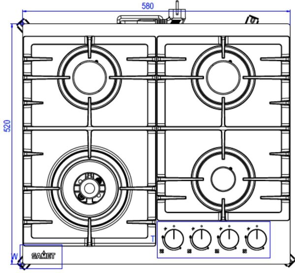 Samet Piano Cottura a Gas 4 Fuochi 60 cm Materiale Vetro Temperato Satinato colore Nero Opaco - Zacinto60NE