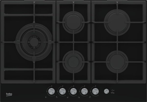 Beko Piano Cottura a Gas 5 Fuochi (1 Bruciatore Wok) 75 cm con Griglia in Ghisa materiale Vetro colore Nero - HILL75235S