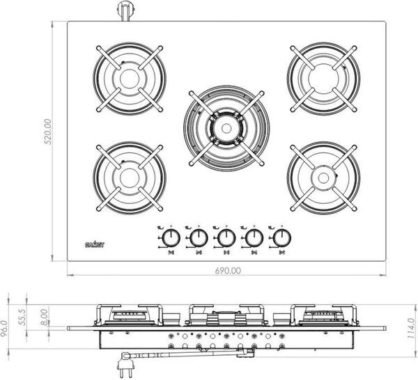 Samet Piano Cottura a Gas 5 Fuochi 70 cm Materiale Vetro colore Bianco - Minerva70BI