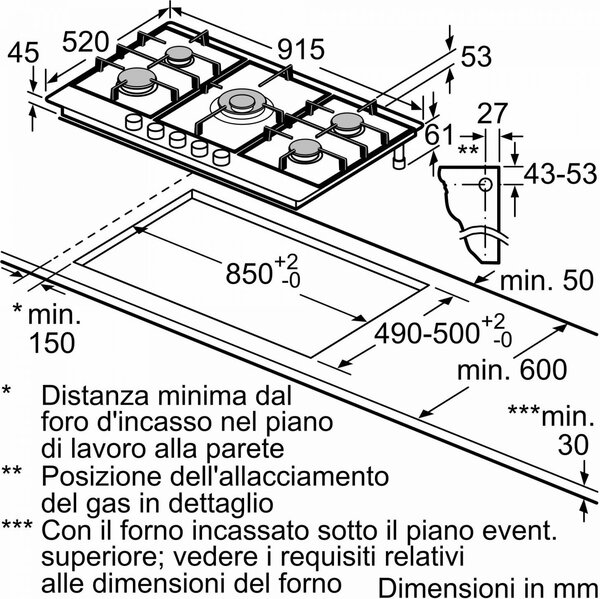 Bosch Piano Cottura a Gas 5 Fuochi 90 cm con Griglia in Ghisa colore Inox - PCR9A5I90