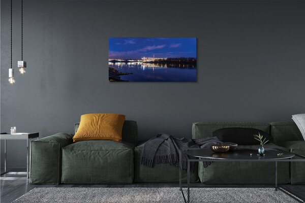 Quadro su tela Stadium notturno del ponte del fiume Varsavia 100x50 cm