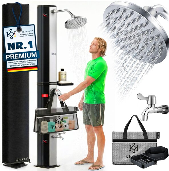 Doccia solare KESSER® 40-60 litri Doccia solare da giardino | acqua calda | max. 60 °C | Incl. ripiano doccia in metallo e cappuccio protettivo | Doccia da piscina da campeggio | Soffione a pioggia e rubinetto Raccordo per tubo da giardino