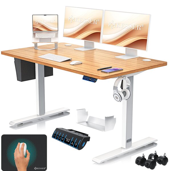 Scrivania KESSER® elettrica e regolabile in altezza, scrivania per computer ergonomica per lavorare in piedi o seduti, 3 impostazioni di memoria, rotelle a 360°, porta di ricarica USB, 140x70 cm, beige