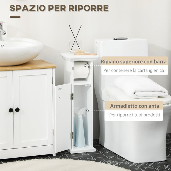 Kleankin Mobile Bagno con Porta Carta Igienica e Armadietto in Legno MDF, 21.5x17.8x66.5cm, Bianco|Aosom