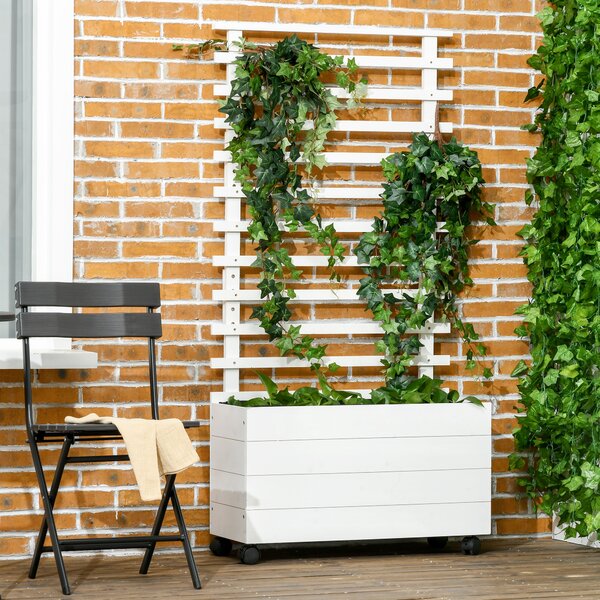 Outsunny Fioriera Verticale con 4 Ruote e Traliccio per Piante Rampicanti in Legno, 76x30x155cm, Bianco|Aosom