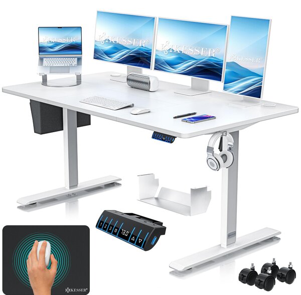 Scrivania KESSER® elettrica e regolabile in altezza, scrivania per computer ergonomica per lavorare in piedi o seduti, 3 impostazioni di memoria, rotelle a 360°, porta di ricarica USB, 160x70 cm, bianca