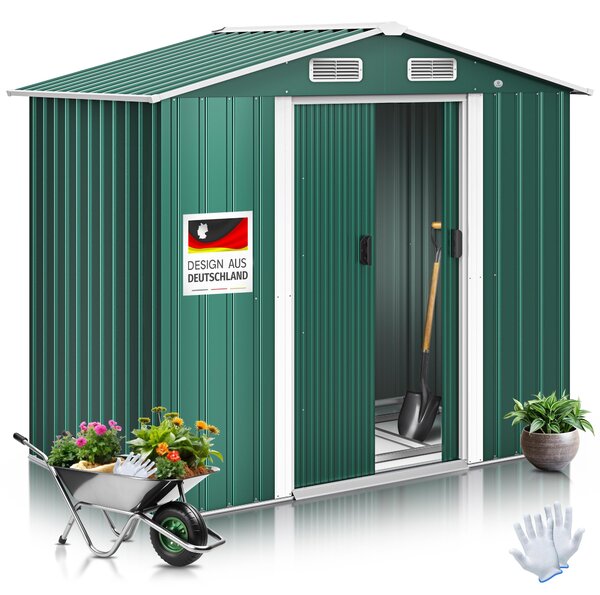 KESSER® XL Casetta in metallo 4,2 m³ con fondamenta | guanti da lavoro inclusi | 195x131x186 cm | 2 porte scorrevoli e fondamenta | Ripostiglio | Armadio da giardino | Tetto a due falde Ripostiglio da giardino