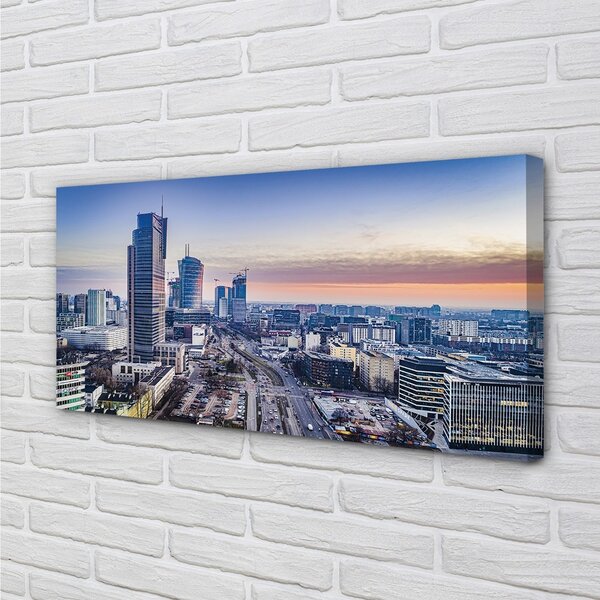 Quadro su tela Varsavia Panorama Skyscrapers Sunrise 100x50 cm