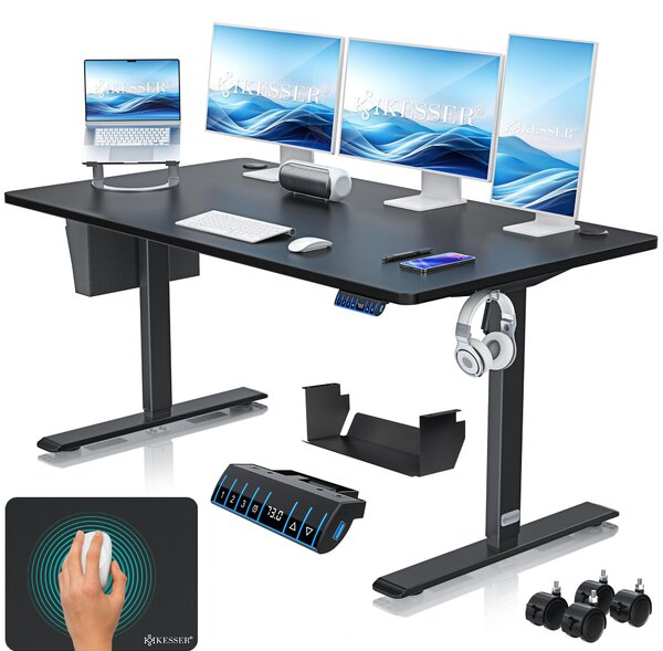 Scrivania KESSER® elettrica e regolabile in altezza, scrivania per computer ergonomica per lavorare in piedi o seduti, 3 impostazioni di memoria, rotelle a 360°, porta di ricarica USB, 160x70 cm, nera