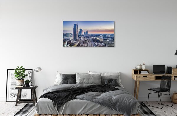 Quadro su tela Varsavia Panorama Skyscrapers Sunrise 100x50 cm