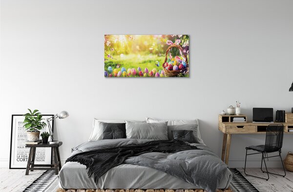 Foto quadro su tela Cesti uova fiori prato 100x50 cm