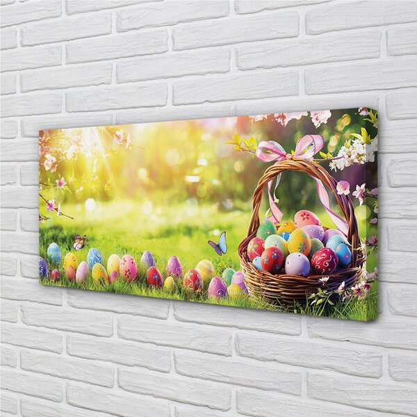 Foto quadro su tela Cesti uova fiori prato 100x50 cm