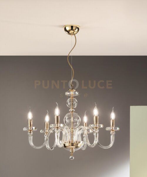 Lampadario bach 6 luci cristallo e finitura oro attacco e14