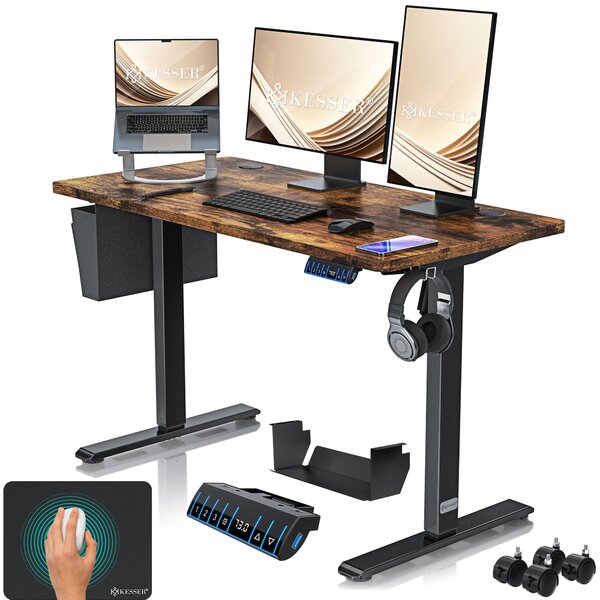 Scrivania KESSER® elettrica e regolabile in altezza, scrivania per computer ergonomica, posizione in piedi e seduta, 3 impostazioni di memoria, rotelle a 360°, porta di ricarica USB, 120x60 cm, marrone