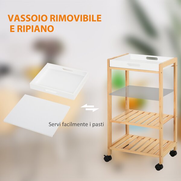 HOMCOM Carrello da Cucina a 4 Livelli in MDF e Legno di Pino con 4 Ruote Girevoli, 40x30x76 cm, Bianco e Marrone|Aosom