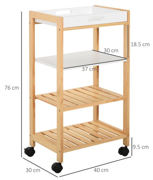 HOMCOM Carrello da Cucina a 4 Livelli in MDF e Legno di Pino con 4 Ruote Girevoli, 40x30x76 cm, Bianco e Marrone|Aosom