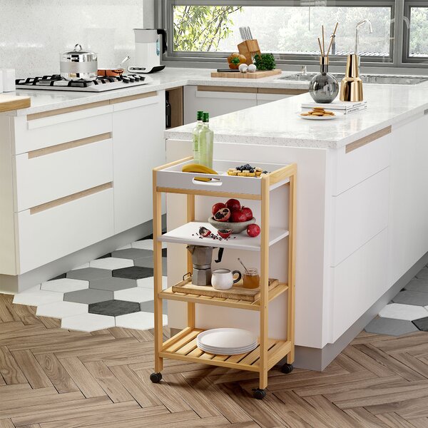 HOMCOM Carrello da Cucina a 4 Livelli in MDF e Legno di Pino con 4 Ruote Girevoli, 40x30x76 cm, Bianco e Marrone|Aosom
