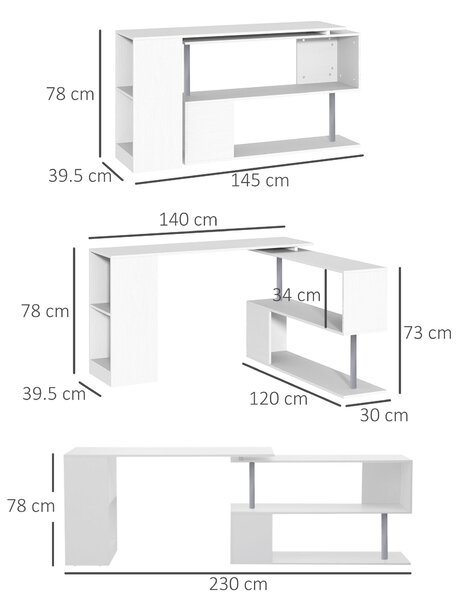 HOMCOM Scrivania Moderna, Angolare e Girevole con Libreria per PC, Camera o Ufficio, Tavolo da Pranzo in Truciolato Bianco, 140x120x78 cm|Aosom