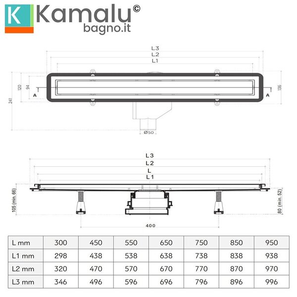 Canaletta di scarico 45cm con tappo in vetro nero CN-450 - KAMALU