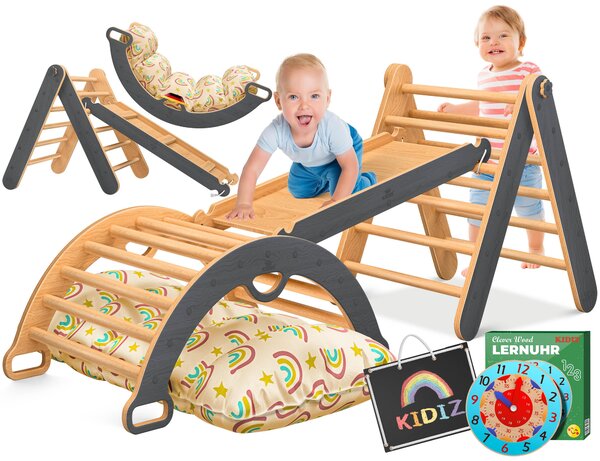 KIDIZ® Struttura per arrampicata Montessori a triangolo, set da gioco 7 in 1 in legno, parco giochi da interno per bambini da 1 a 3 anni, con cuscini, lavagna e orologio didattico inclusi