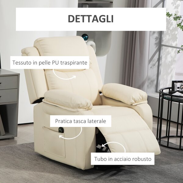 HOMCOM Poltrona imbottita Alzapersona Reclinabile a 160° con Poggiapiedi e Telecomando, in Pelle PU e Acciaio, 76x90x105 cm, Crema | Aosom Italy