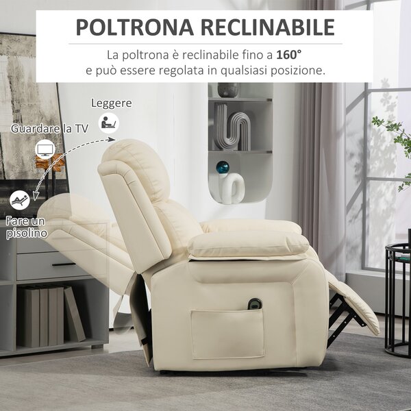 HOMCOM Poltrona imbottita Alzapersona Reclinabile a 160° con Poggiapiedi e Telecomando, in Pelle PU e Acciaio, 76x90x105 cm, Crema | Aosom Italy