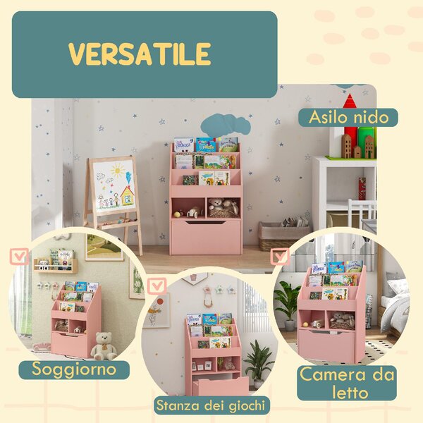 DecHome Piccola Libreria per Bambini con Ripiani e Cassetto in MDF 60x29.9x90 cm colore Rosa
