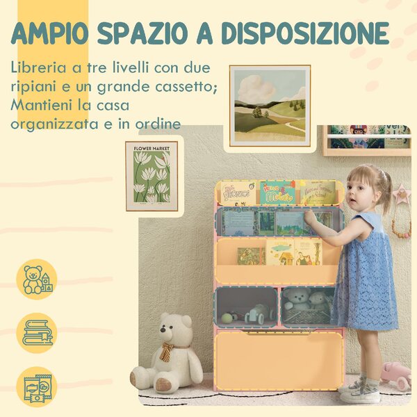 DecHome Piccola Libreria per Bambini con Ripiani e Cassetto in MDF 60x29.9x90 cm colore Rosa