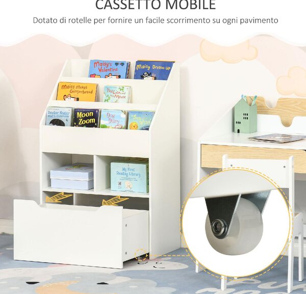 DecHome Piccola Libreria per Bambini con Ripiani e Cassetto in MDF, 60x29.9x90cm colore Bianco