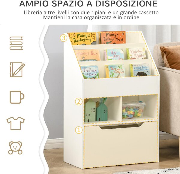 DecHome Piccola Libreria per Bambini con Ripiani e Cassetto in MDF, 60x29.9x90cm colore Bianco