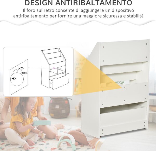 DecHome Piccola Libreria per Bambini con Ripiani e Cassetto in MDF, 60x29.9x90cm colore Bianco