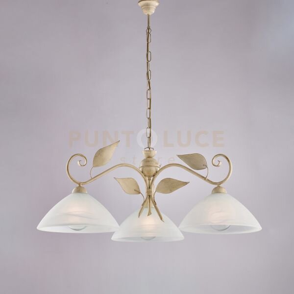 Lampadario in ferro laccato avorio con decorazione oro antico e dif