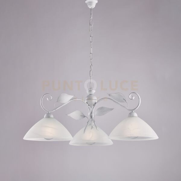 Lampadario in ferro laccato bianco con decorazione argento antico e