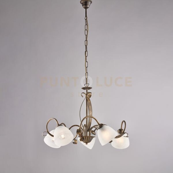 Lampadario in ferro laccato marrone con decorazione oro antico e di